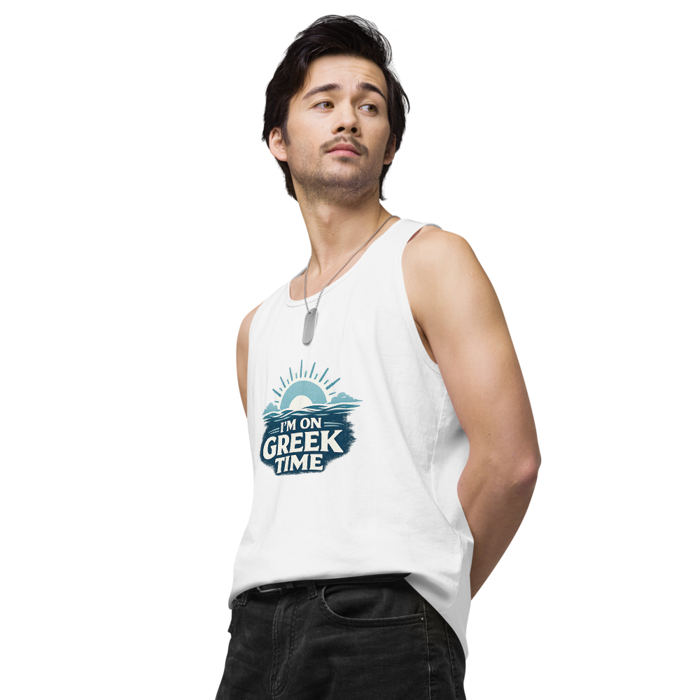 Men's premium tank top featuring the I'm on Greek Time design, M size.