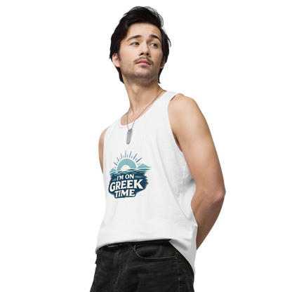 Men's premium tank top featuring the I'm on Greek Time design, M size.