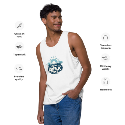 Men's premium tank top featuring the I'm on Greek Time design, L size.
