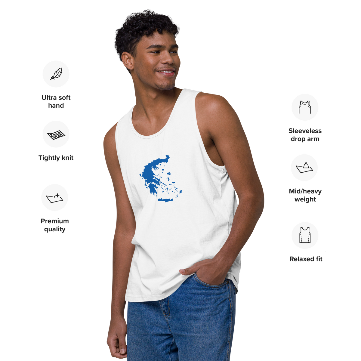 Men's premium tank top featuring a blue and white map of Greece, 2XL size.