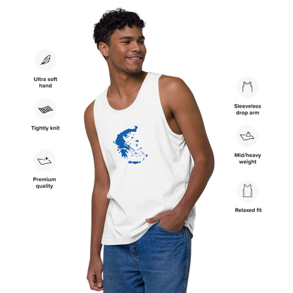 Men's premium tank top featuring a blue and white map of Greece, 2XL size.