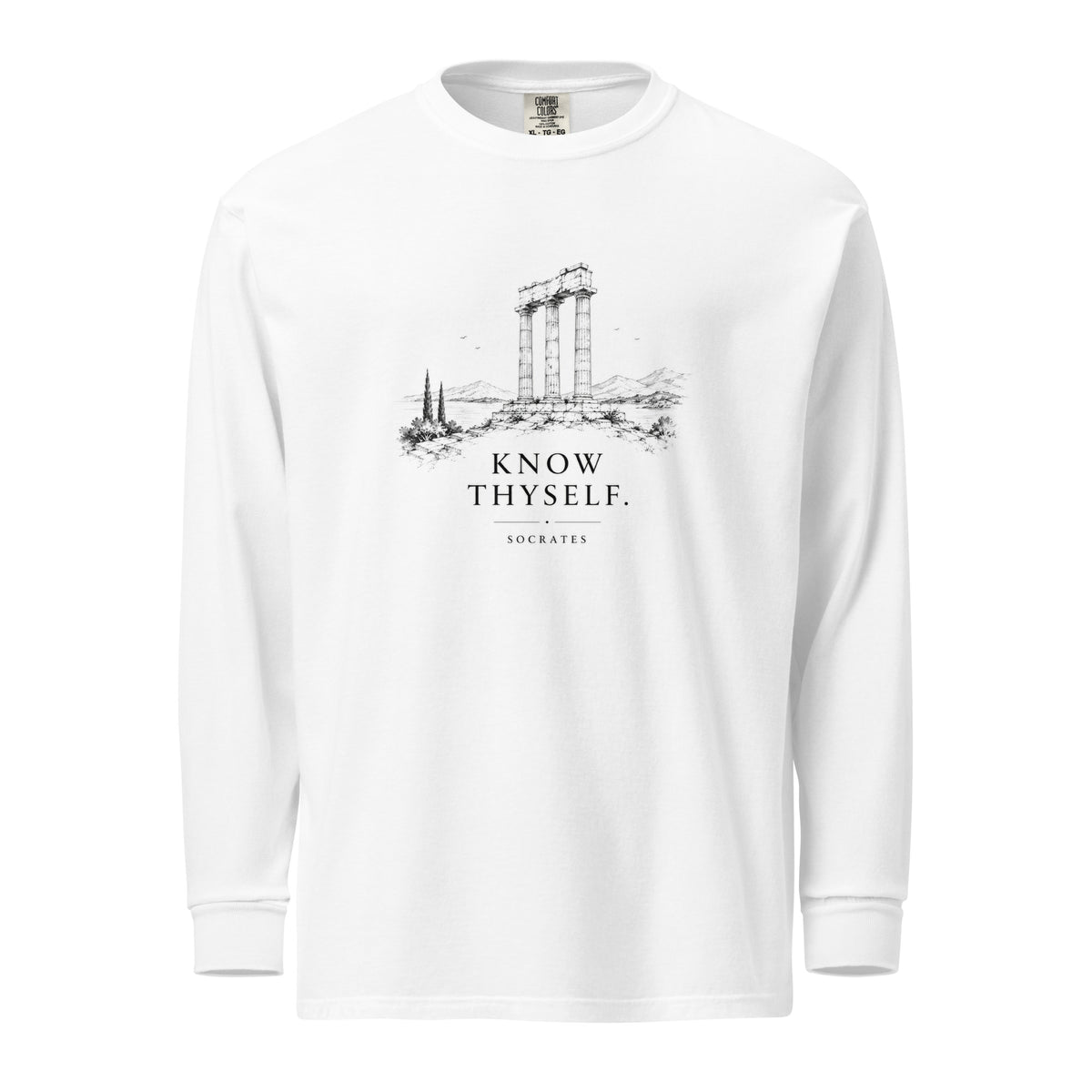 Heavyweight long sleeve shirt featuring the Know Thyself design, M size.