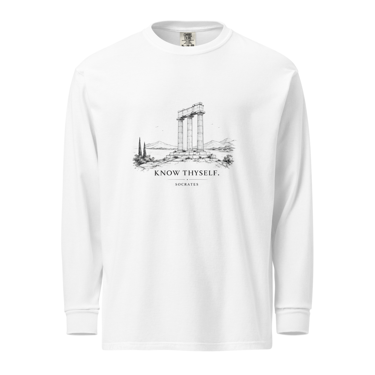 Heavyweight long sleeve shirt featuring the Know Thyself design, L size.