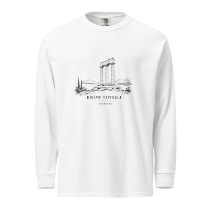 Heavyweight long sleeve shirt featuring the Know Thyself design, L size.