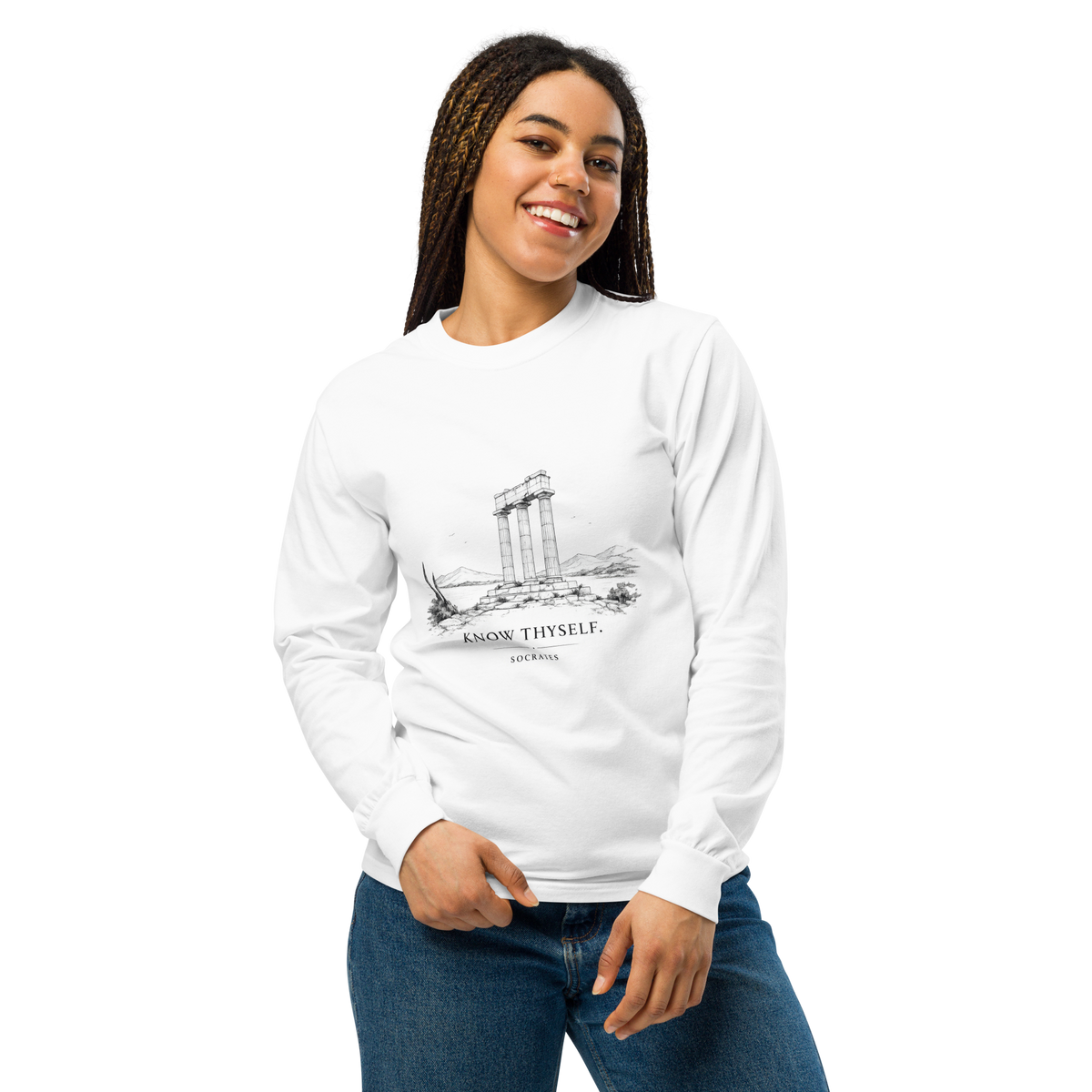 Heavyweight long sleeve shirt featuring the Know Thyself design, S size.