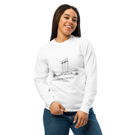 Heavyweight long sleeve shirt featuring the Know Thyself design, S size.