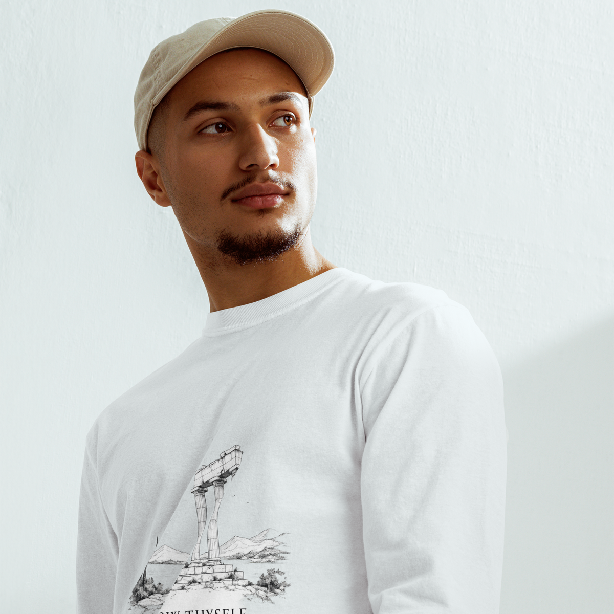 Heavyweight long sleeve shirt featuring the Know Thyself design, XL size.