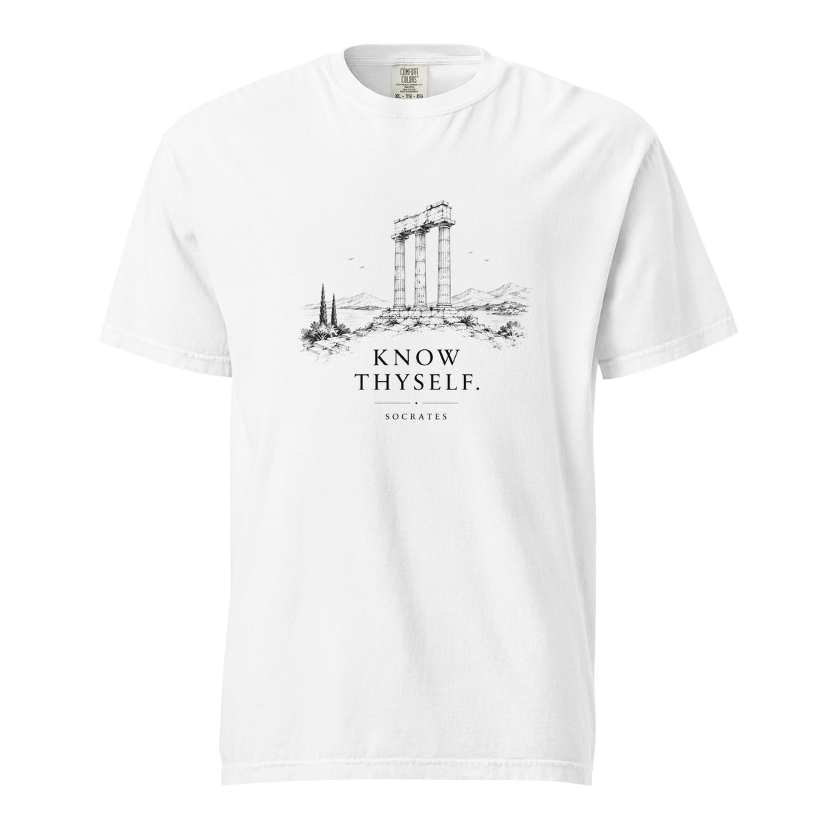 Heavyweight T-shirt featuring the Know Thyself design, S size.