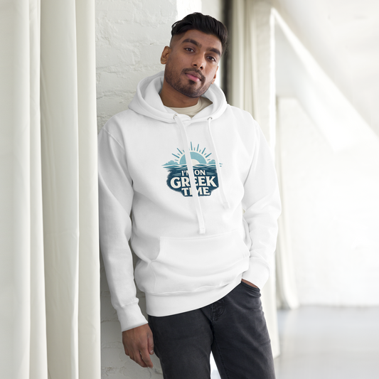 Unisex hoodie featuring the I'm on Greek Time design, S size.