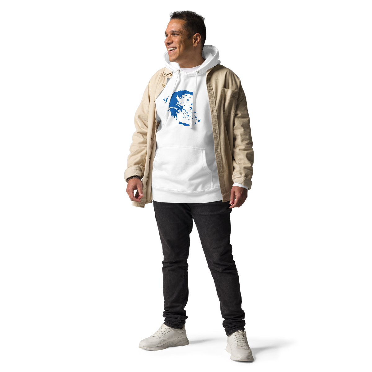 Unisex hoodie featuring a blue and white map of Greece, S size.