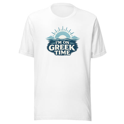 Unisex T-shirt featuring the I'm on Greek Time design, S size.