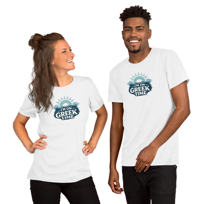 Unisex T-shirt featuring the I'm on Greek Time design, XS size.