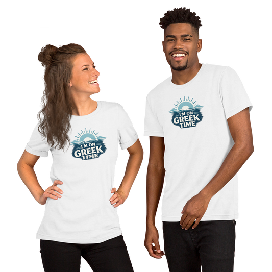 Unisex T-shirt featuring the I'm on Greek Time design, XS size.