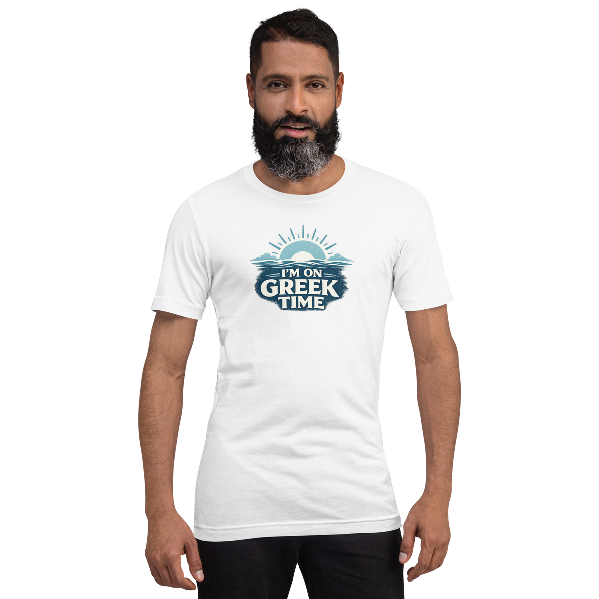 Unisex T-shirt featuring the I'm on Greek Time design, M size.