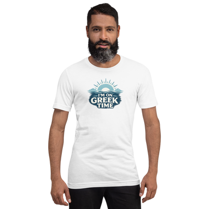 Unisex T-shirt featuring the I'm on Greek Time design, M size.