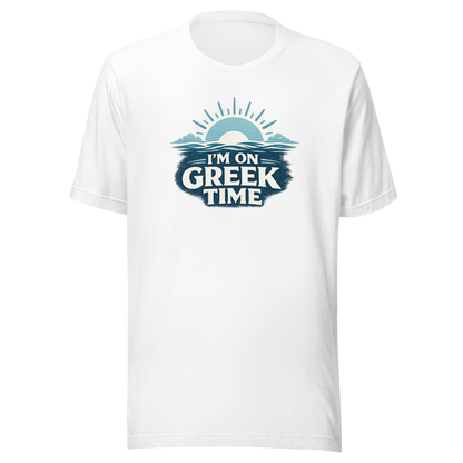 Unisex T-shirt featuring the I'm on Greek Time design, L size.