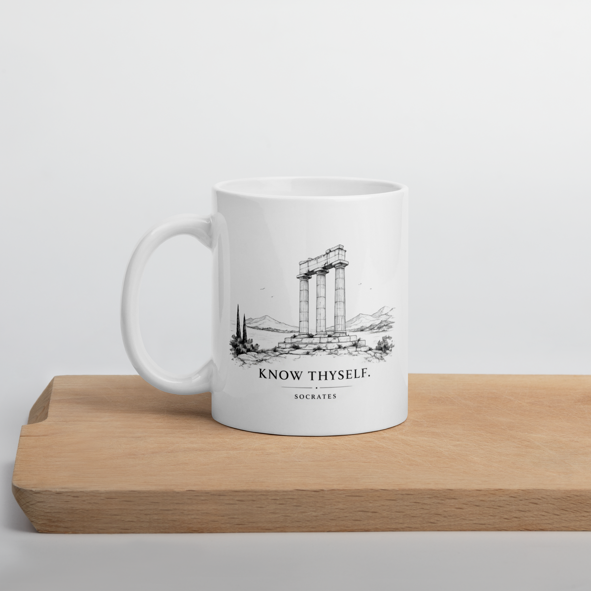 White glossy mug featuring the Know Thyself design — additional product photo.