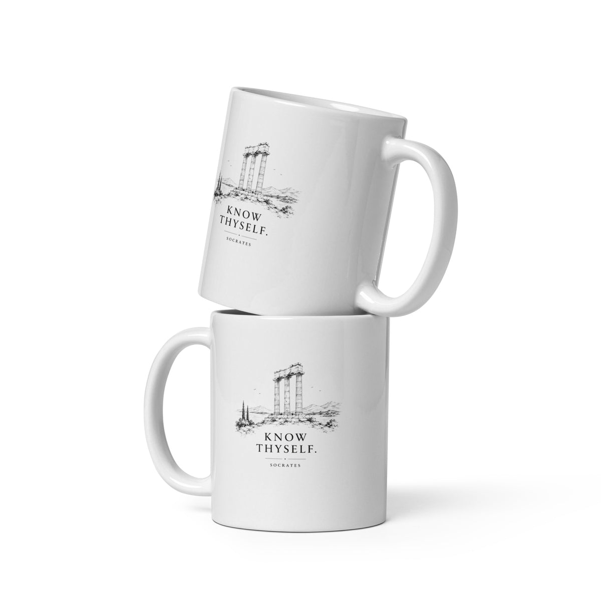 White glossy mug featuring the Know Thyself design.