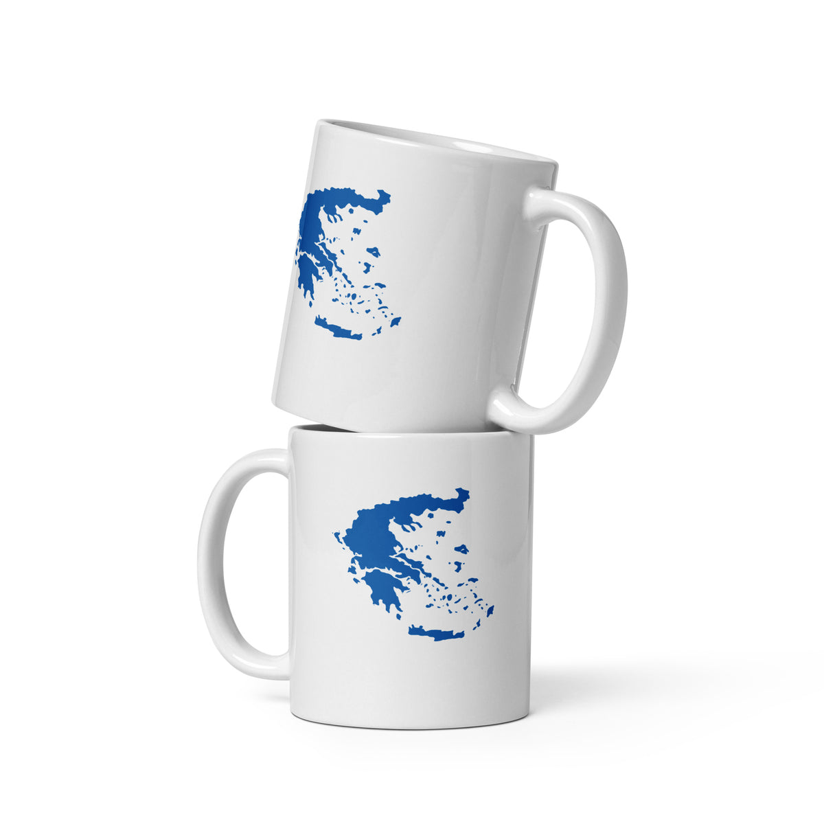 White glossy mug featuring a blue and white map of Greece.