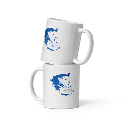 White glossy mug featuring a blue and white map of Greece.