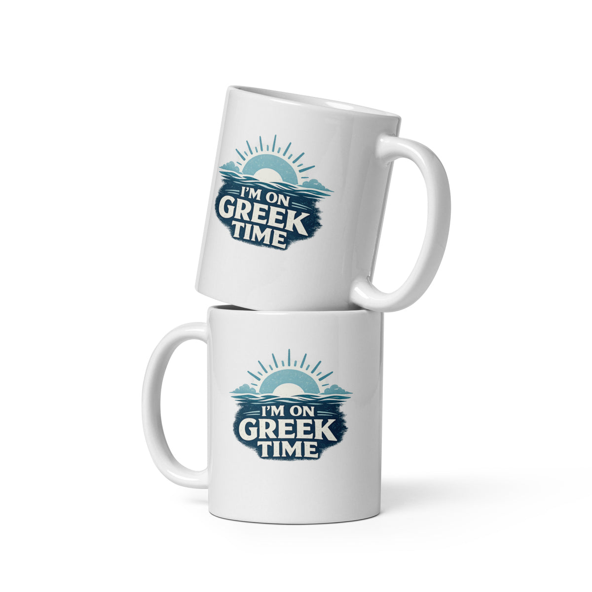 White glossy mug featuring the I'm on Greek Time design.