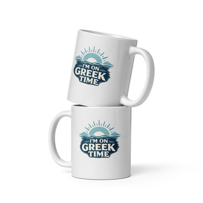 White glossy mug featuring the I'm on Greek Time design.