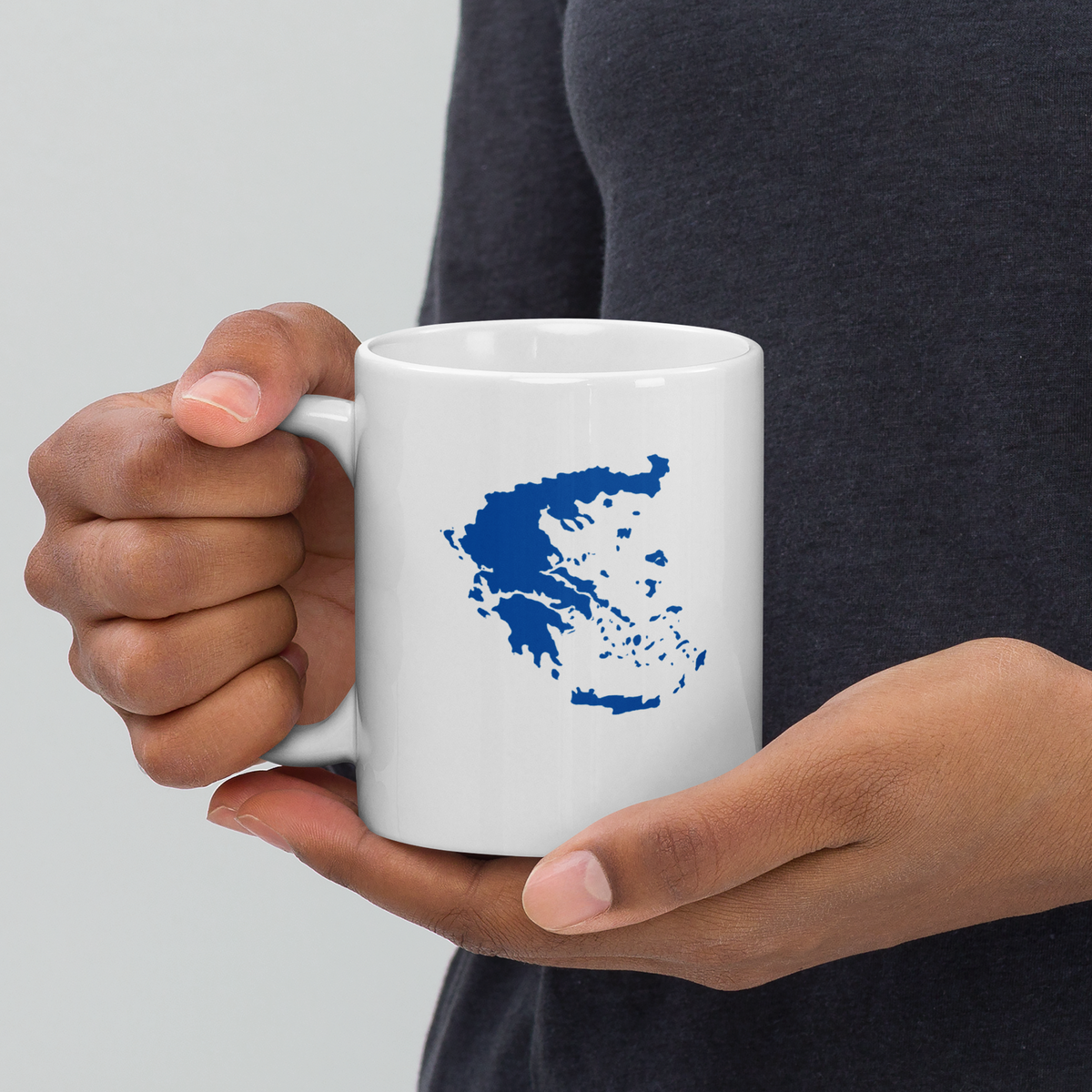 White glossy mug featuring a blue and white map of Greece — additional product photo.