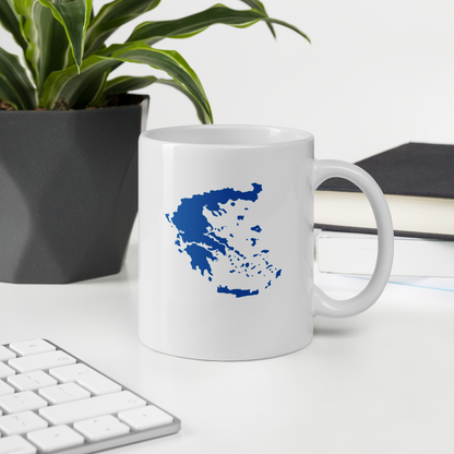 White glossy mug featuring a blue and white map of Greece — additional product photo.