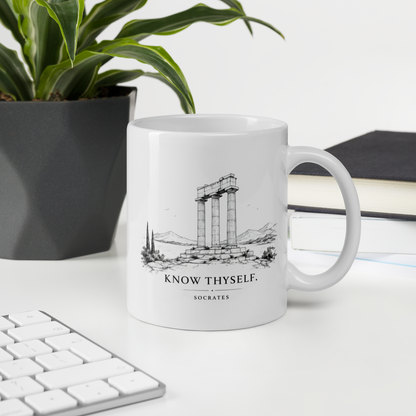 White glossy mug featuring the Know Thyself design, 11 oz size.