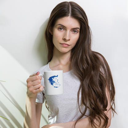 White glossy mug featuring a blue and white map of Greece — additional product photo.