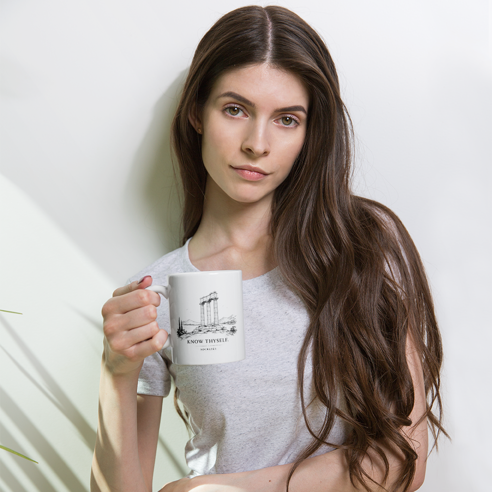 White glossy mug featuring the Know Thyself design — additional product photo.