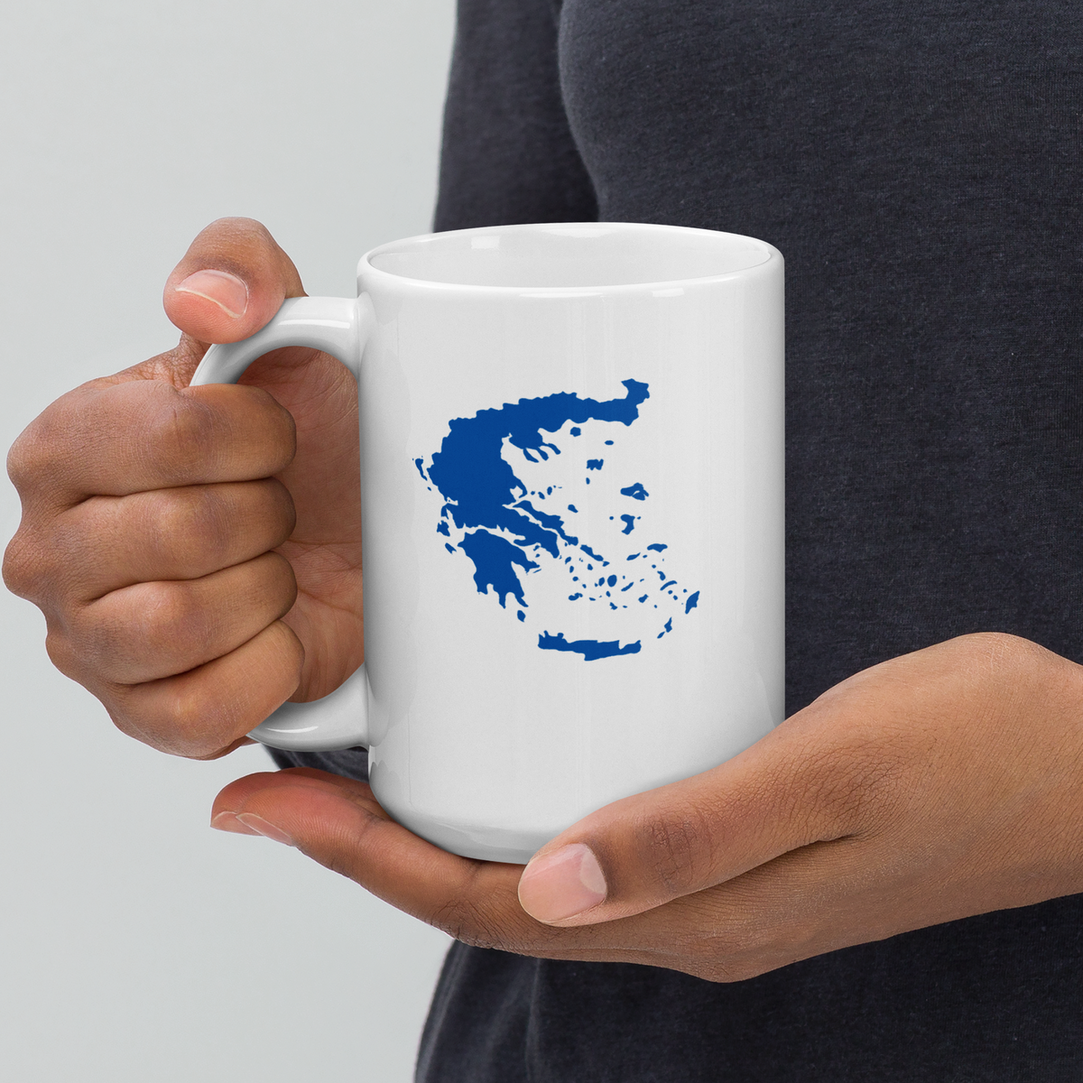 White glossy mug featuring a blue and white map of Greece — additional product photo.