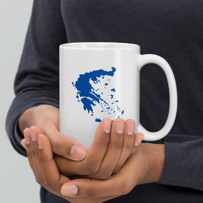 White glossy mug featuring a blue and white map of Greece — additional product photo.
