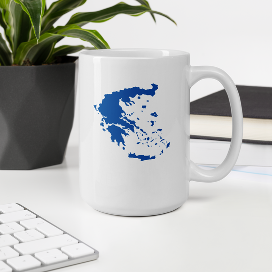 White glossy mug featuring a blue and white map of Greece, 11 oz size.