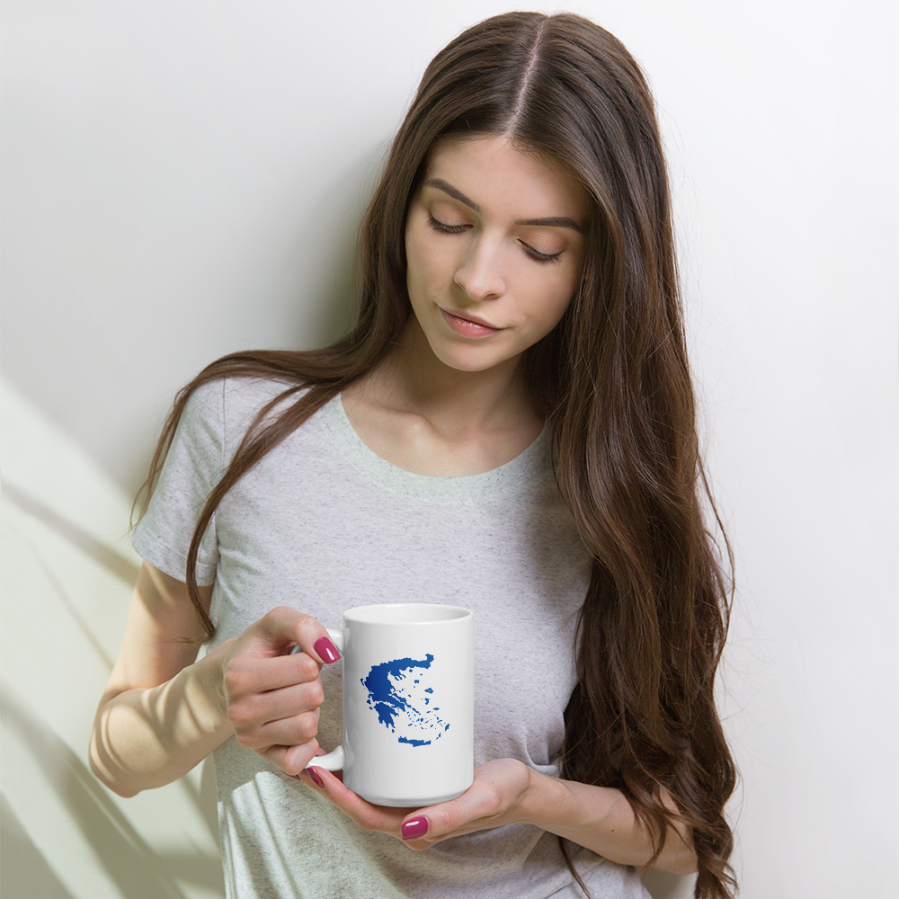 White glossy mug featuring a blue and white map of Greece — additional product photo.