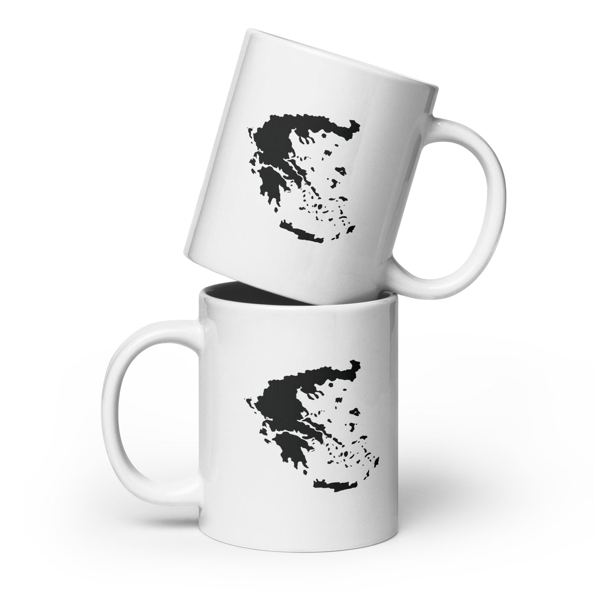 White glossy mug featuring a black and white map of Greece.
