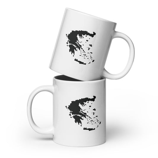 White glossy mug featuring a black and white map of Greece.