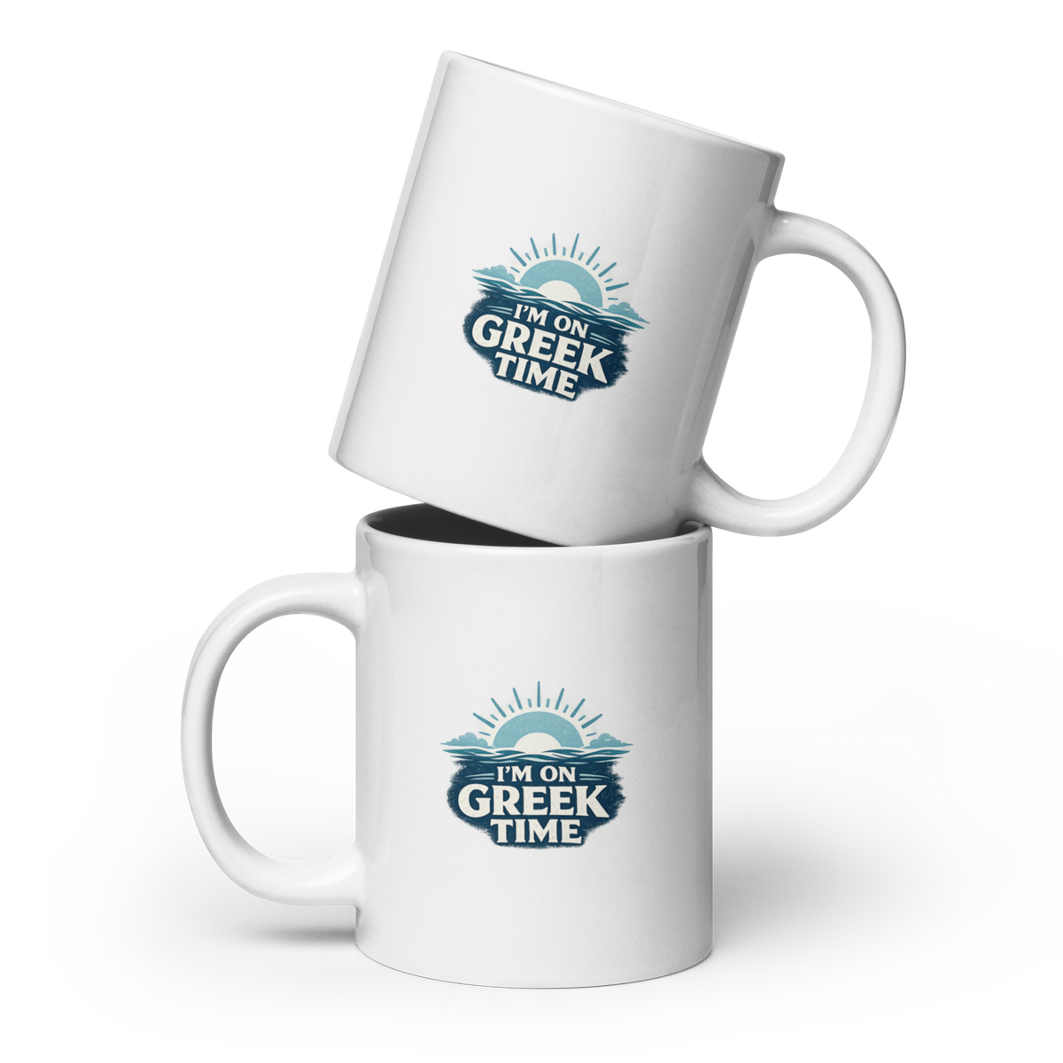 White glossy mug featuring the I'm on Greek Time design — additional product photo.