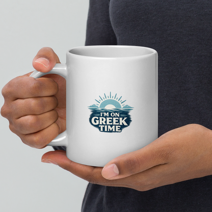 White glossy mug featuring the I'm on Greek Time design, 11 oz size.