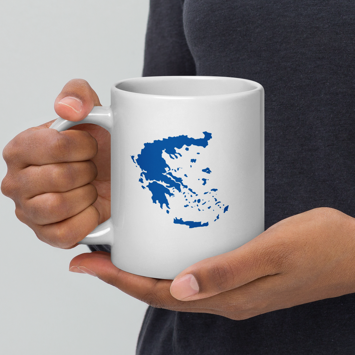 White glossy mug featuring a blue and white map of Greece — additional product photo.