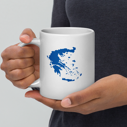 White glossy mug featuring a blue and white map of Greece — additional product photo.