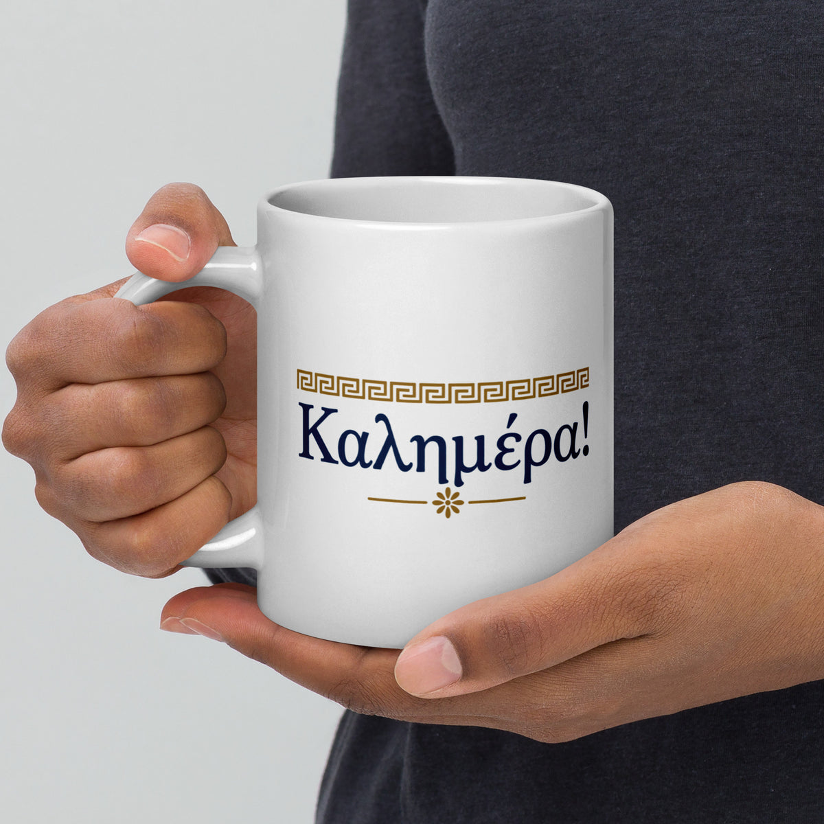 White glossy mug featuring the Καλημέρα (Kalimera) good morning design — additional product photo.