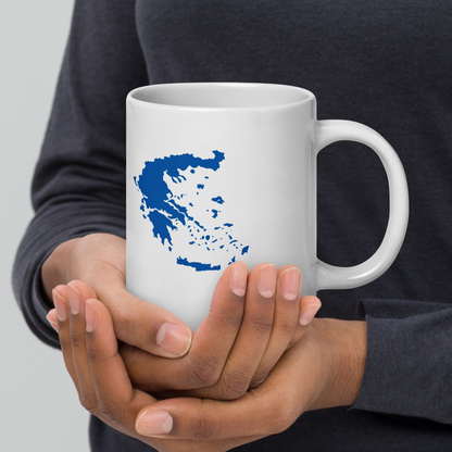 White glossy mug featuring a blue and white map of Greece — additional product photo.