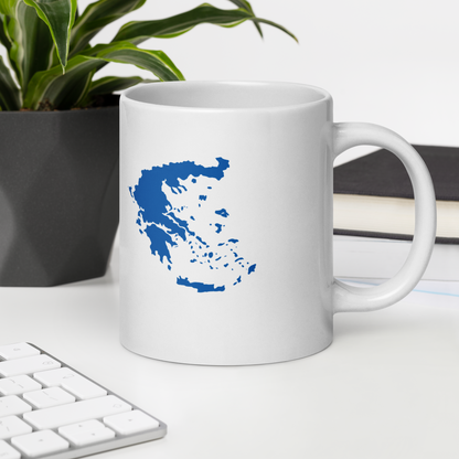 White glossy mug featuring a blue and white map of Greece — additional product photo.