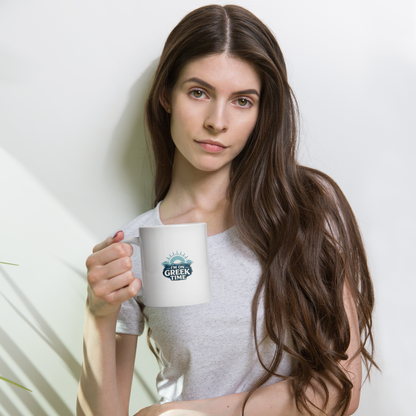 White glossy mug featuring the I'm on Greek Time design — additional product photo.