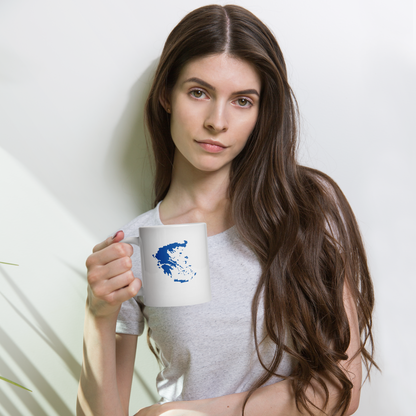 White glossy mug featuring a blue and white map of Greece — additional product photo.